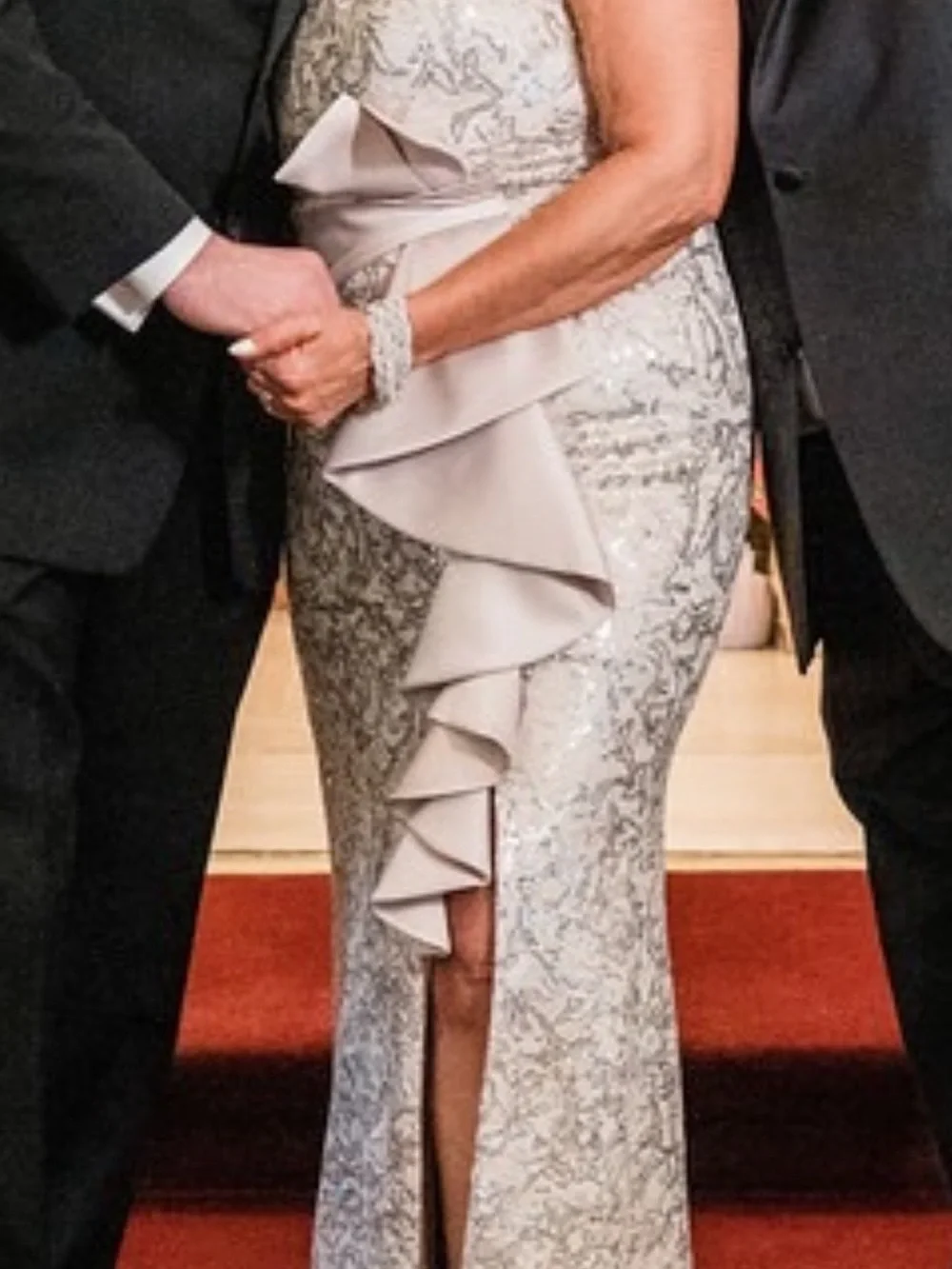 Silver Sequin Ruffle Front-Slit gown - Picture 1 of 2